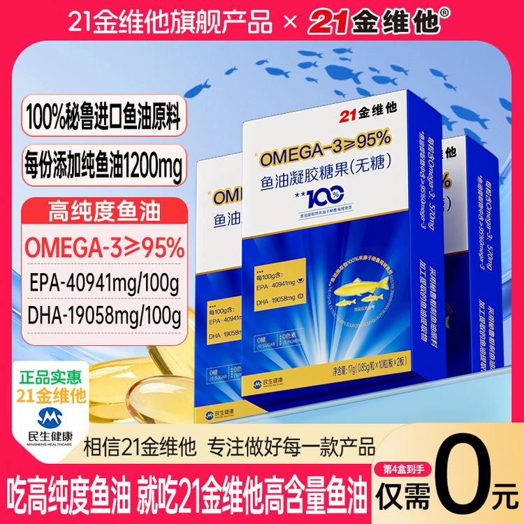 21金维他高纯度鱼油0mega-3≥95%EPA+DHA进口原料高含量易吸收官方商品图