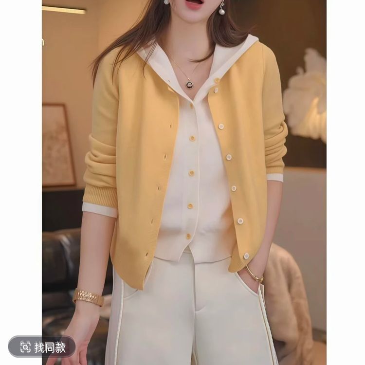 连帽假两件毛衣女四季新款韩版设计感撞色减龄气质针织衫上衣ins商品图