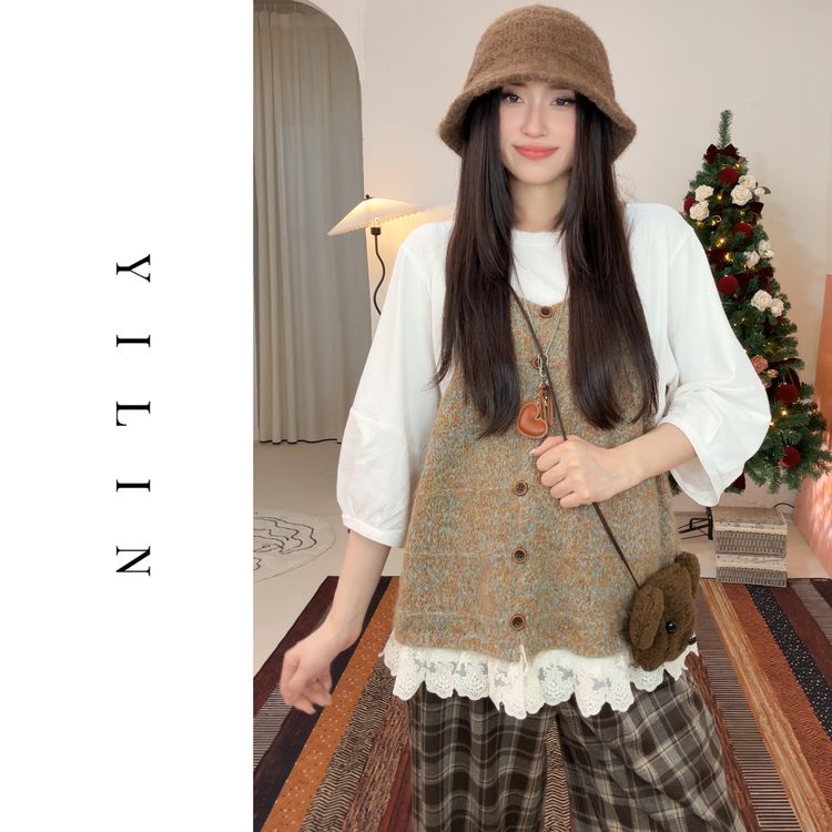 韩版秋日蕾丝拼接丝绒叠穿少女风马甲背心格子直筒裤孕妇三件套商品图