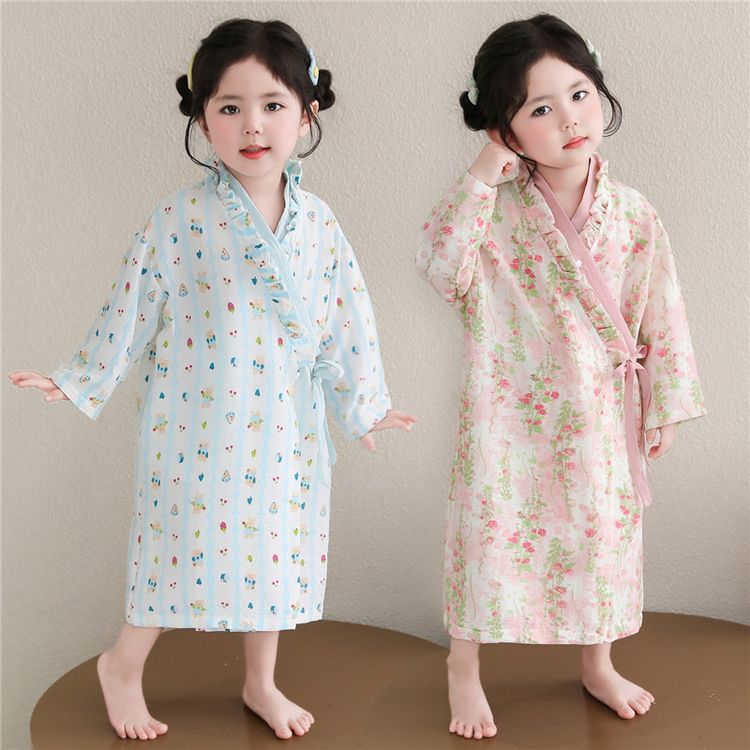 女童浴袍春秋长款纱布长袖薄款儿童睡衣家居服睡袍夏季女宝宝睡裙商品图