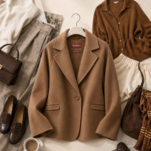 未使用 MaxMara 娜娜专属 Studio 羊绒羊毛一粒扣短款大衣 驼色商品图