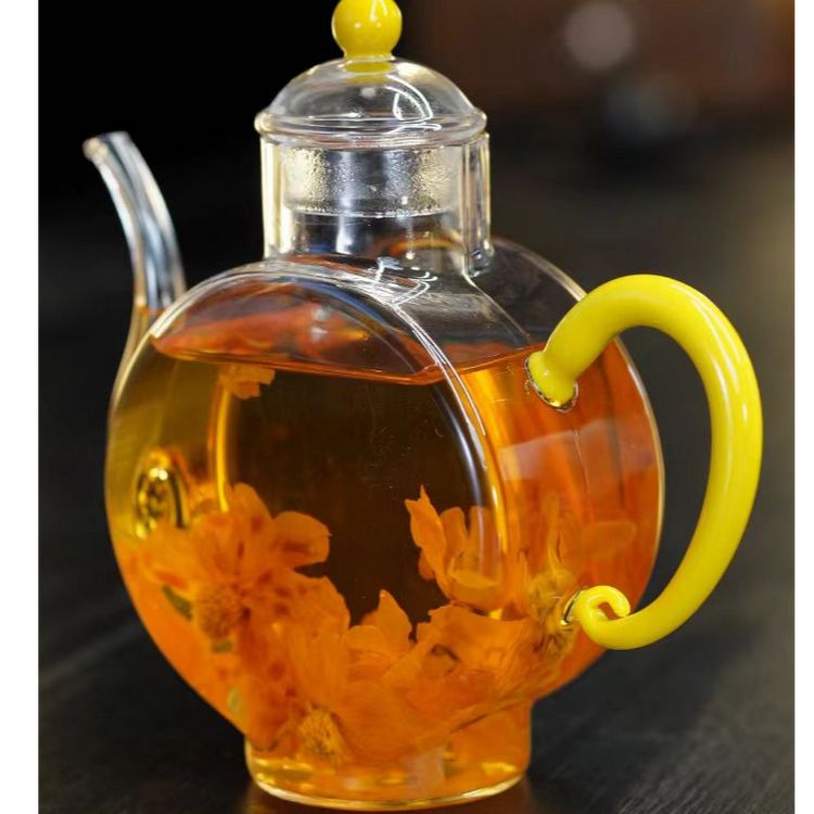 耐热玻璃柠檬黄月圆扁壶泡茶壶商品图