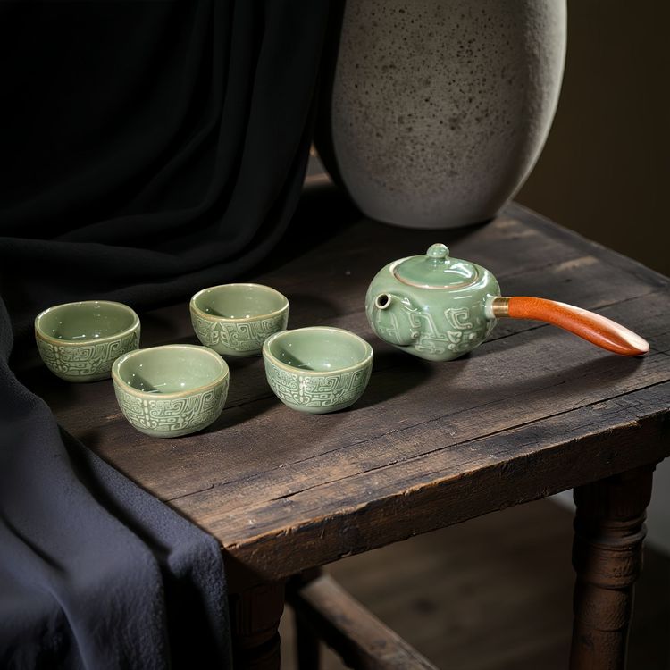 中国非遗耀州窑青瓷中式「问鼎古今·茶礼套组」1壶4杯手工礼盒装商品图