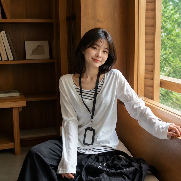 【大码】韩系条纹假两件长袖T恤女秋季宽松百搭休闲上衣C203商品图