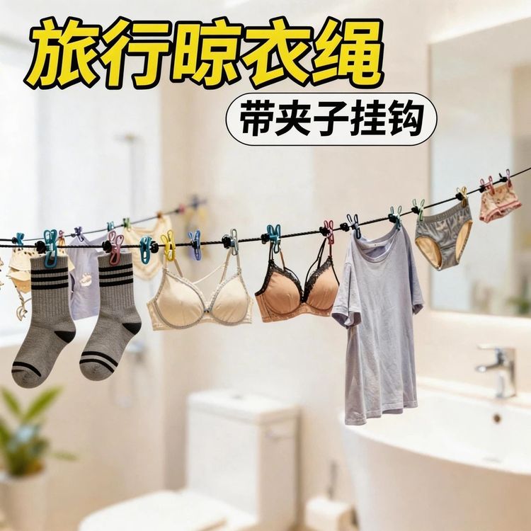 旅行便携晾衣绳酒店出差挂衣绳弹力防风带夹子可拉伸户外晒衣神器商品图