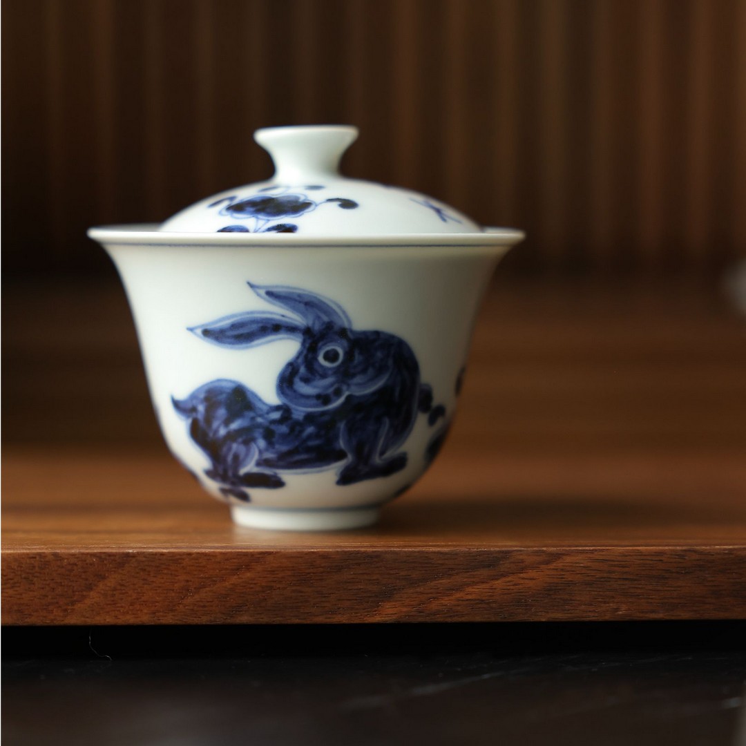 茶圈大魔王茶器景德镇纯手绘元岚堂元青花薄胎玉兔二才盖碗130cc商品图