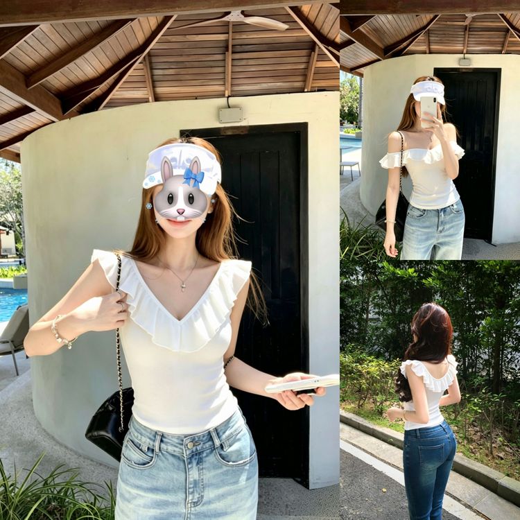 【双面v领】流行纯欲荷叶摆女夏一字肩设计感修身显瘦T恤上衣26114商品图